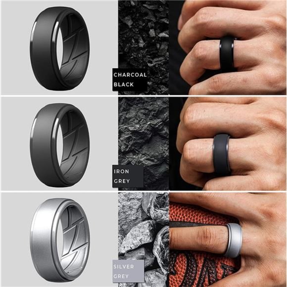 Silicone Ring Mens Breathable with Air Flow Grooves Men 10mm Wide - 2.5mm Thick - Picture 5 of 6